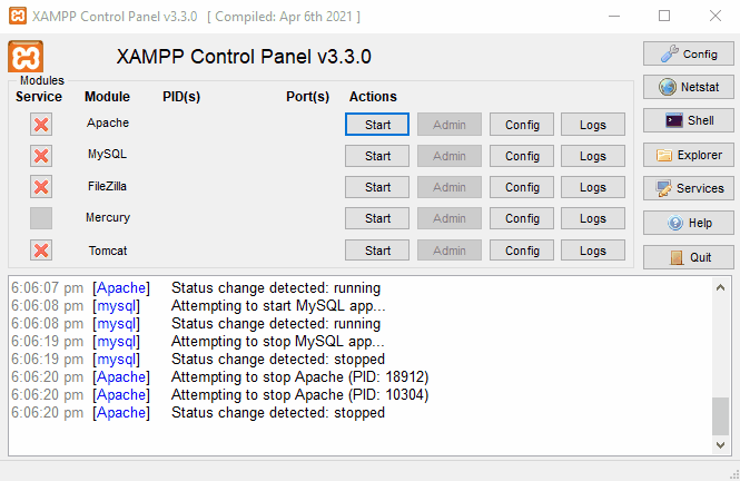 GIF showing XAMPP Control Panel running