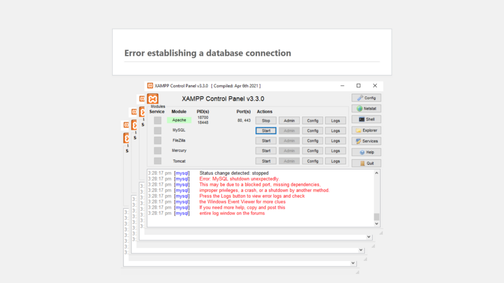 Database Connection Error and Couldn't Start MySQL in XAMPP Control Panel