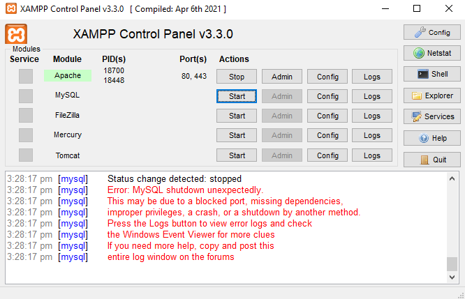 XAMPP Control Panel Showing Error