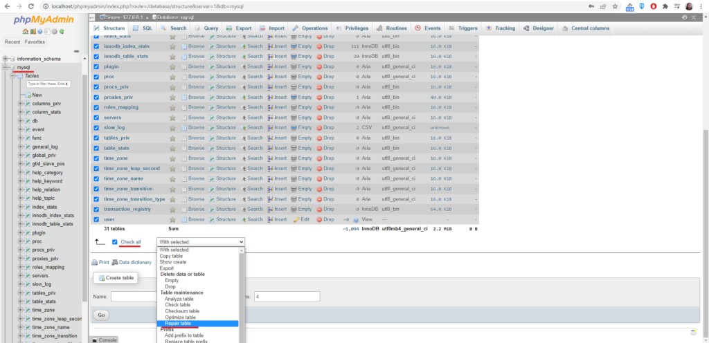 Repair mysql database tables